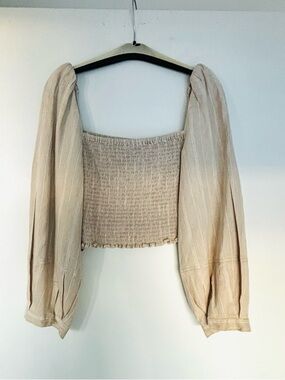 Derek Lam Beige Striped Smocked Puff-Sleeve Crop Top
